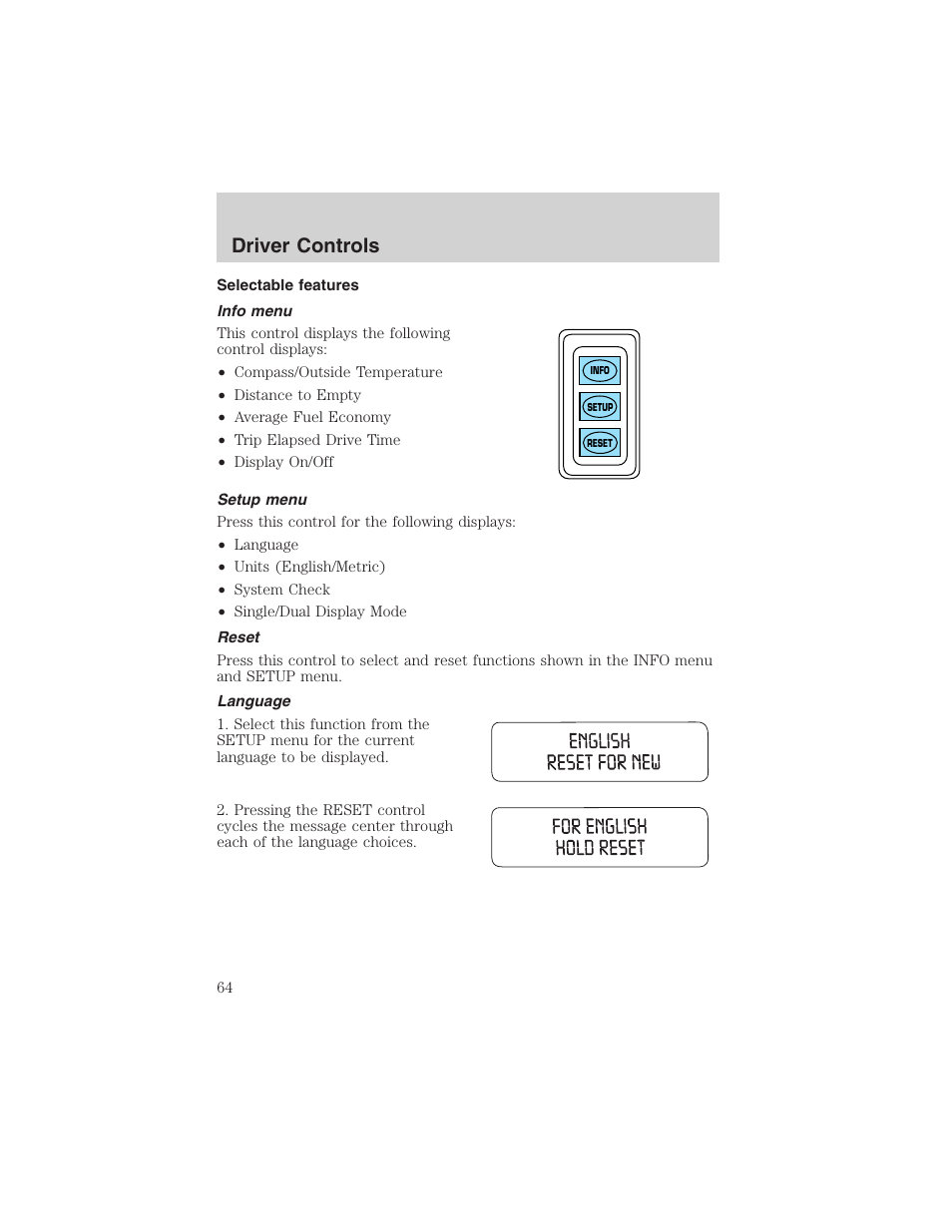 Driver controls | FORD 2003 Windstar v.2 User Manual | Page 64 / 240