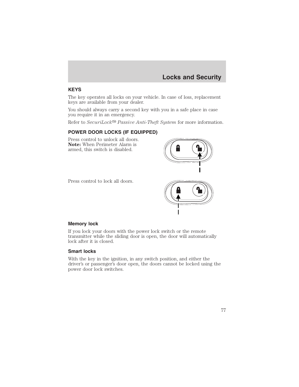 Locks and security | FORD 2003 Windstar v.2 User Manual | Page 77 / 240