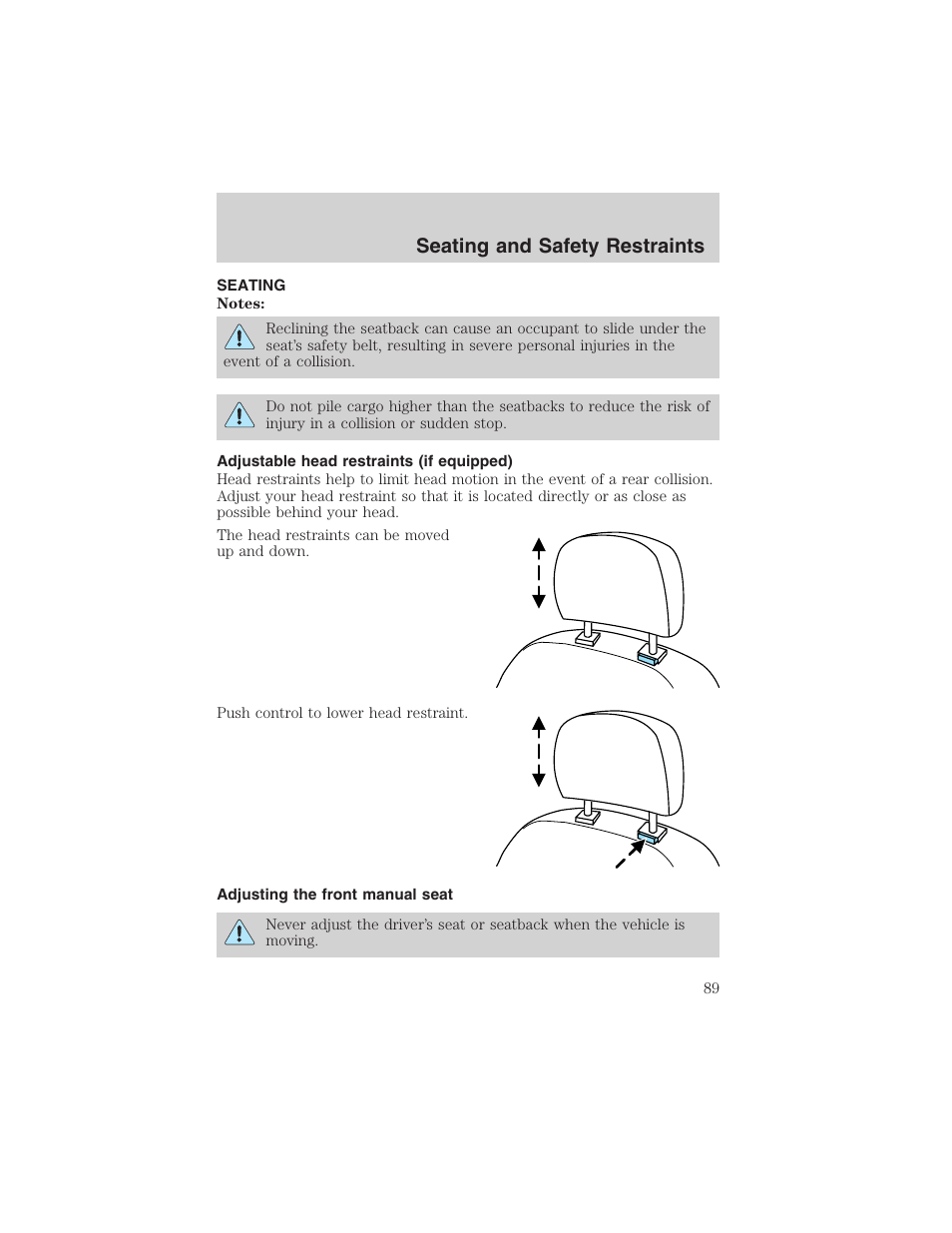 Seating and safety restraints | FORD 2003 Windstar v.2 User Manual | Page 89 / 240