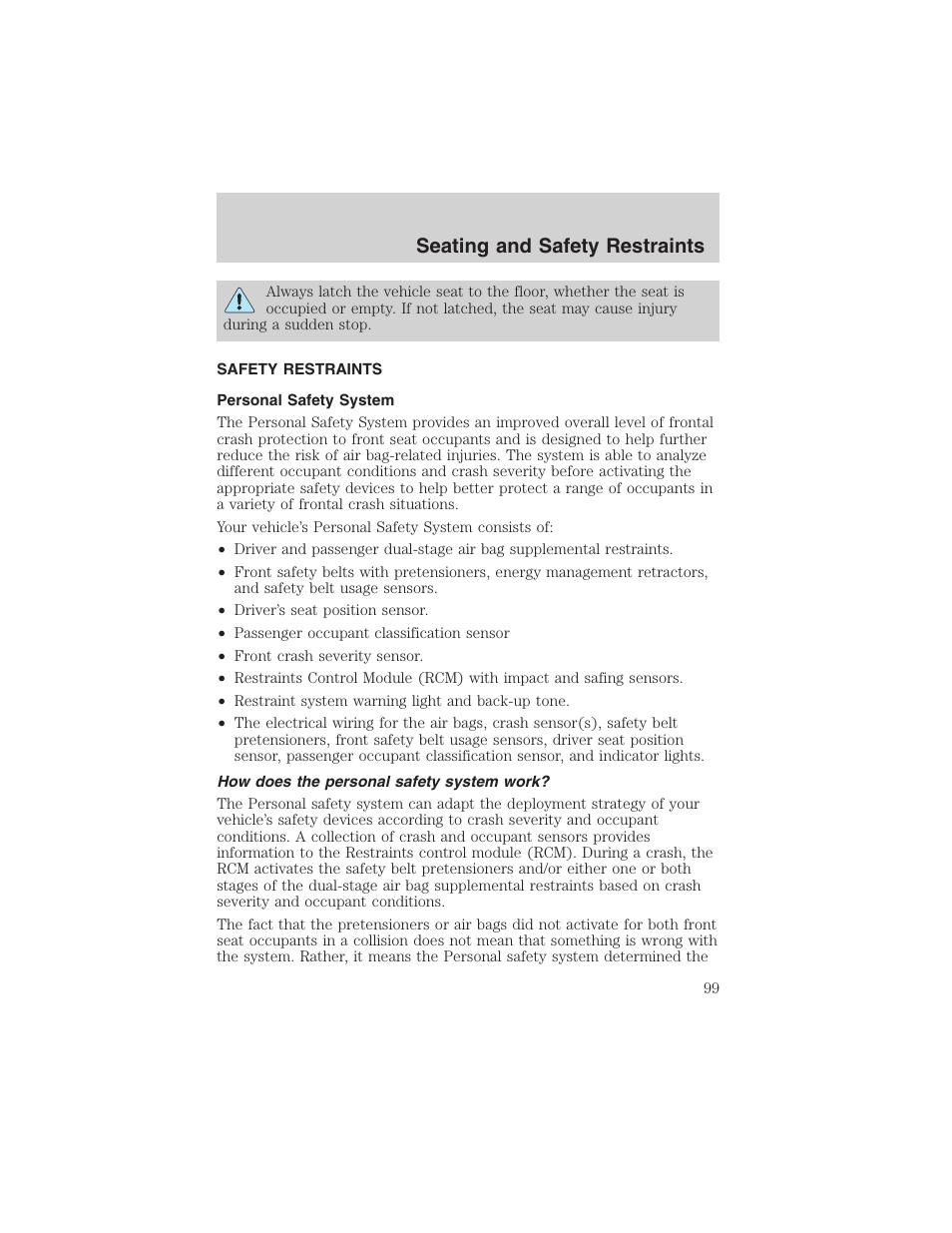 Seating and safety restraints | FORD 2003 Windstar v.2 User Manual | Page 99 / 240