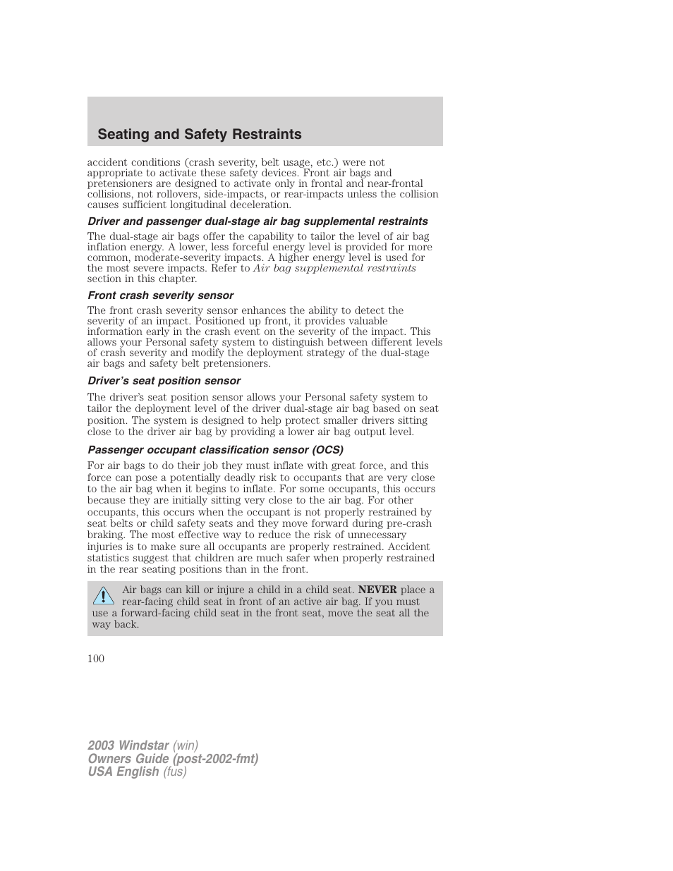 Seating and safety restraints | FORD 2003 Windstar v.3 User Manual | Page 100 / 240