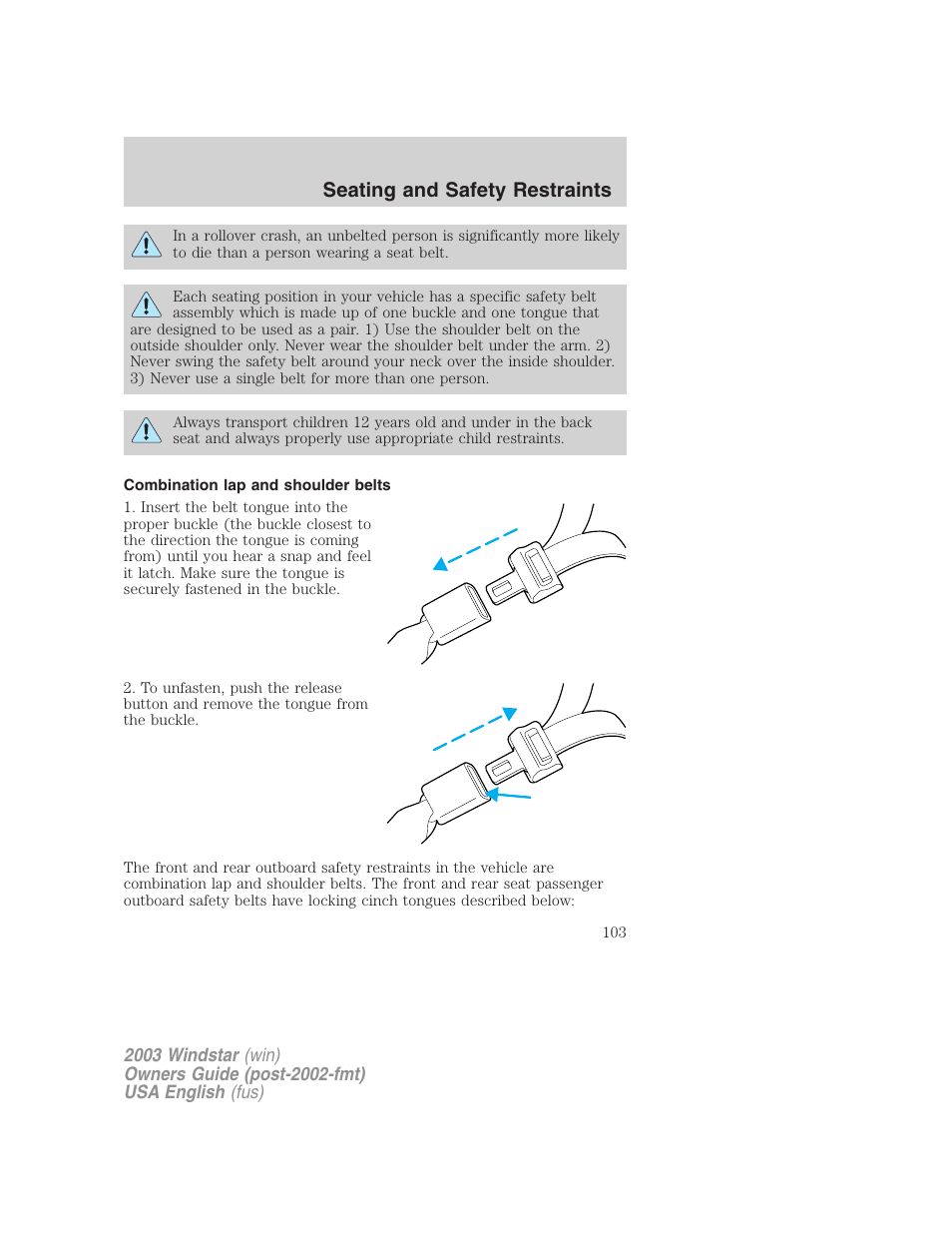 Seating and safety restraints | FORD 2003 Windstar v.3 User Manual | Page 103 / 240
