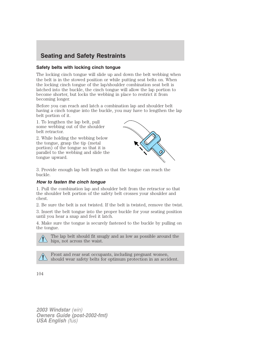 Seating and safety restraints | FORD 2003 Windstar v.3 User Manual | Page 104 / 240