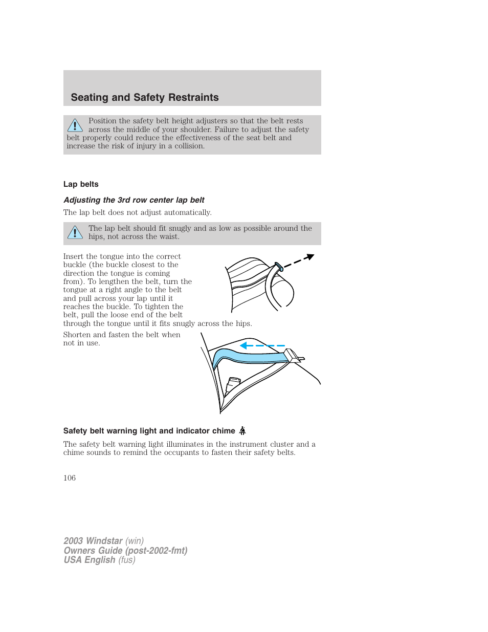 Seating and safety restraints | FORD 2003 Windstar v.3 User Manual | Page 106 / 240