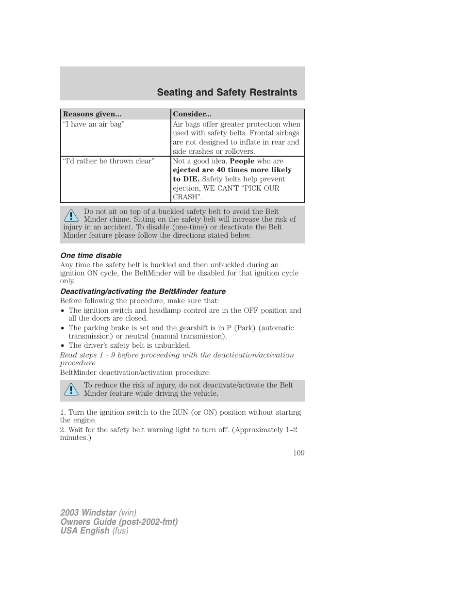 Seating and safety restraints | FORD 2003 Windstar v.3 User Manual | Page 109 / 240