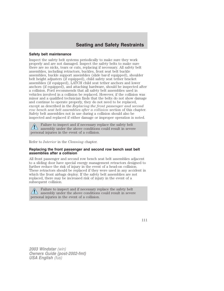 Seating and safety restraints | FORD 2003 Windstar v.3 User Manual | Page 111 / 240