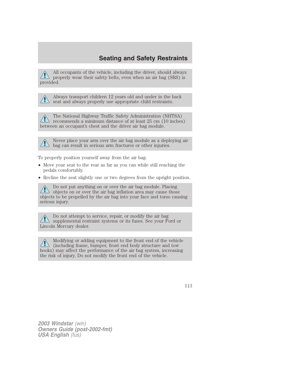 Seating and safety restraints | FORD 2003 Windstar v.3 User Manual | Page 113 / 240