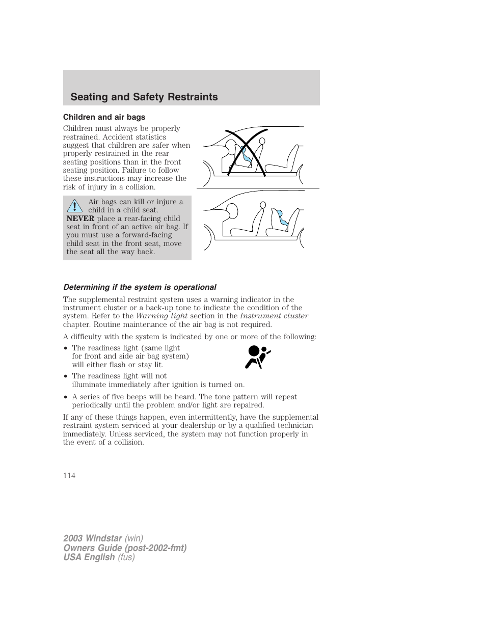 Seating and safety restraints | FORD 2003 Windstar v.3 User Manual | Page 114 / 240