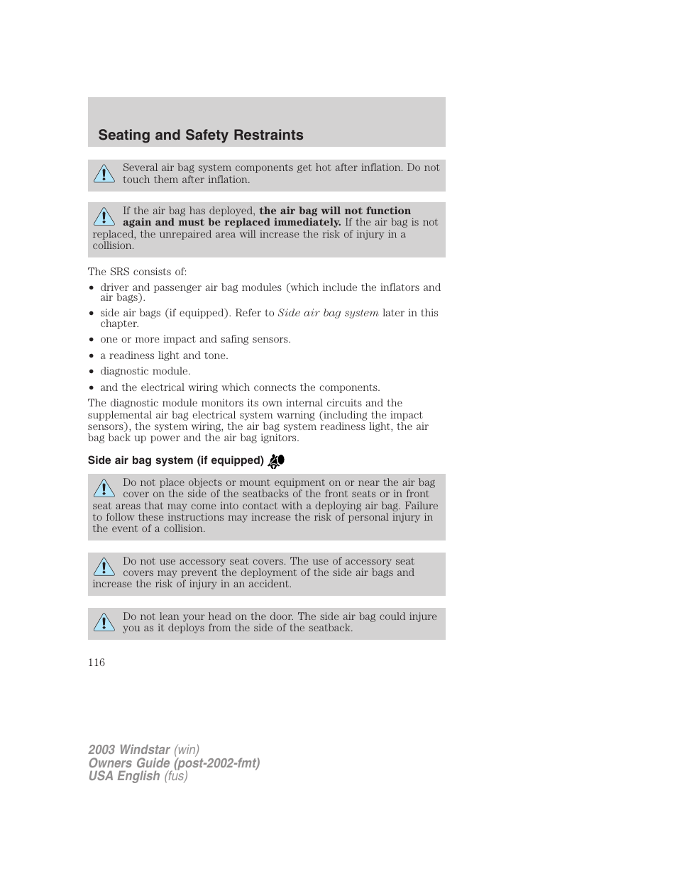Seating and safety restraints | FORD 2003 Windstar v.3 User Manual | Page 116 / 240