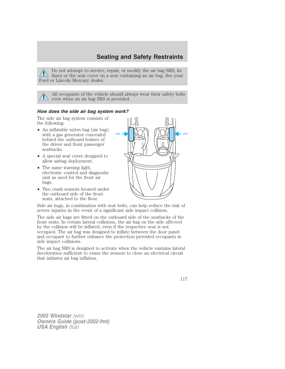 Seating and safety restraints | FORD 2003 Windstar v.3 User Manual | Page 117 / 240