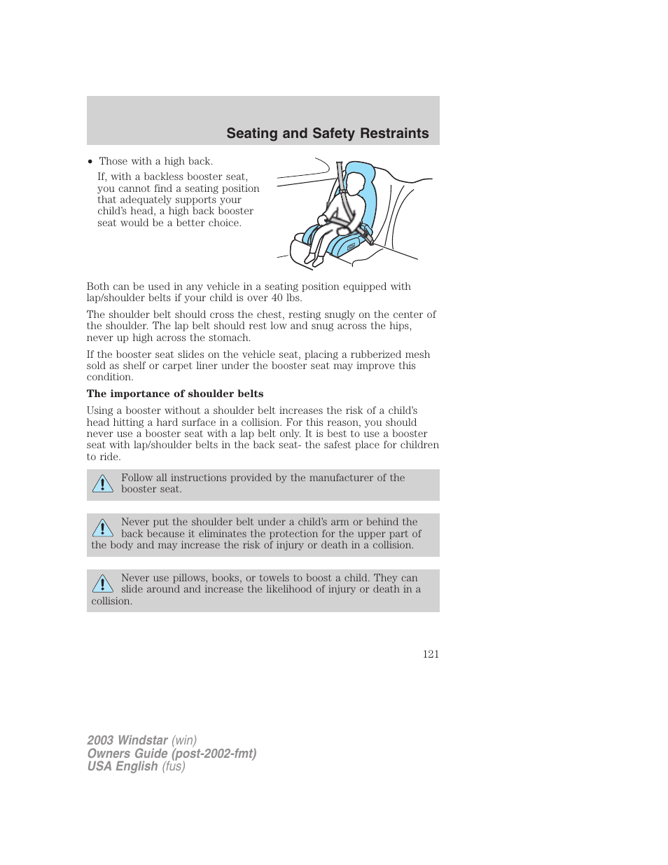 Seating and safety restraints | FORD 2003 Windstar v.3 User Manual | Page 121 / 240