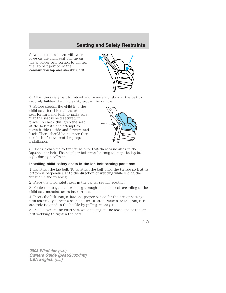 Seating and safety restraints | FORD 2003 Windstar v.3 User Manual | Page 125 / 240