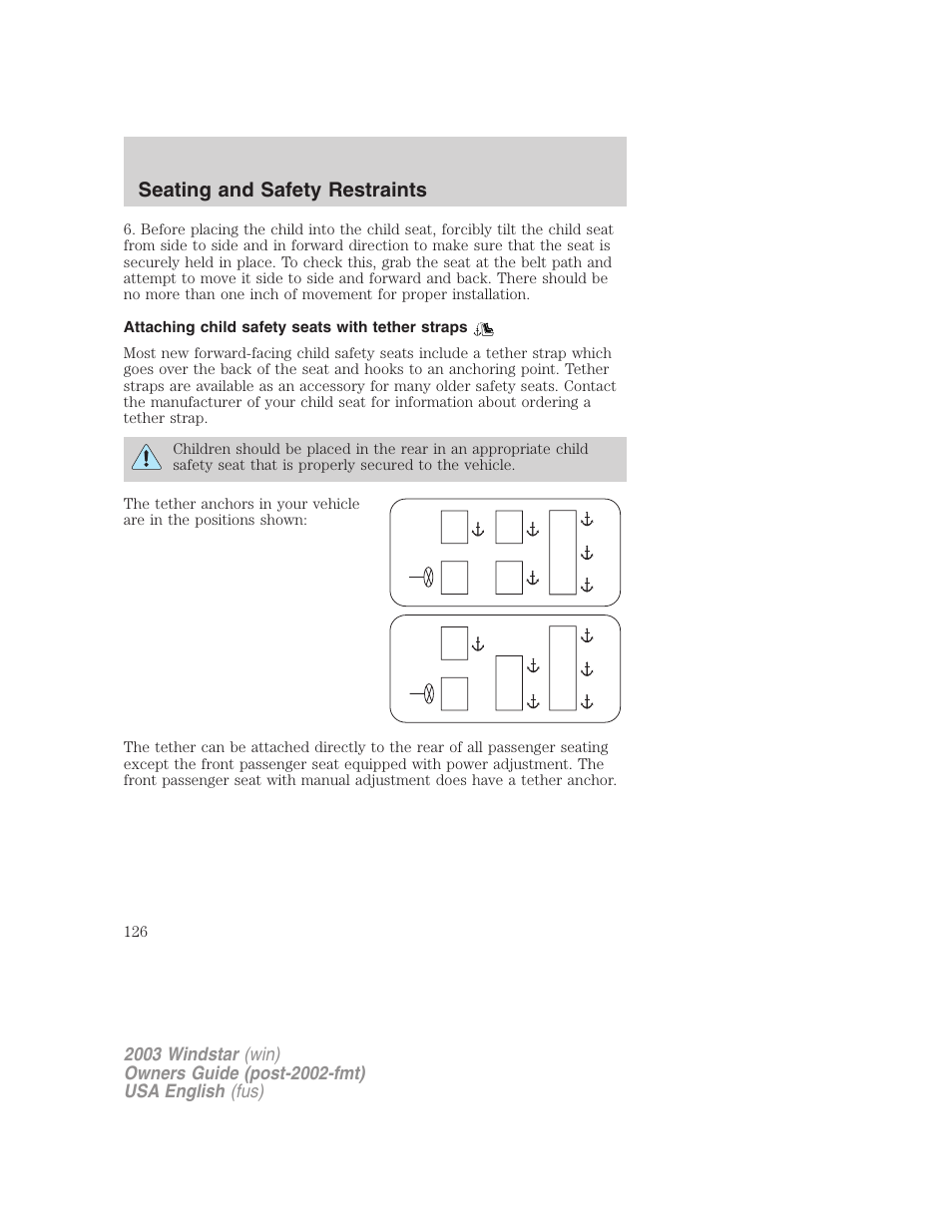 Seating and safety restraints | FORD 2003 Windstar v.3 User Manual | Page 126 / 240