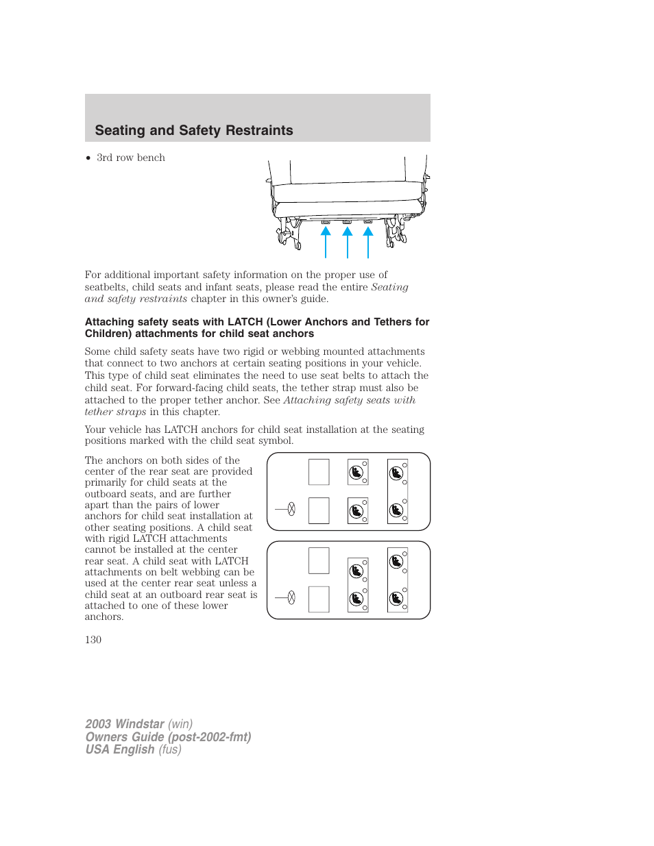 Seating and safety restraints | FORD 2003 Windstar v.3 User Manual | Page 130 / 240
