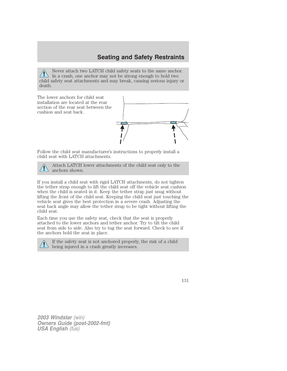 Seating and safety restraints | FORD 2003 Windstar v.3 User Manual | Page 131 / 240