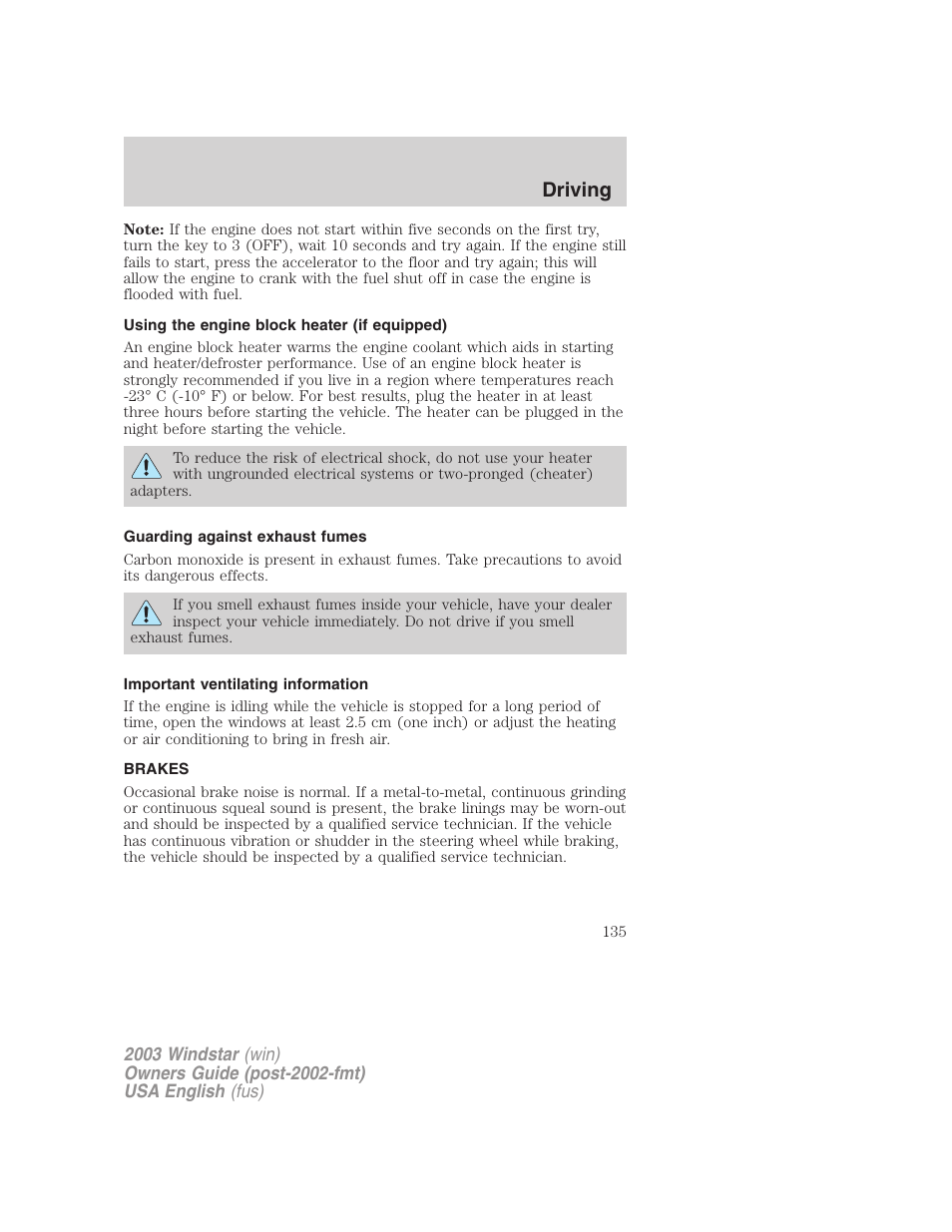 Driving | FORD 2003 Windstar v.3 User Manual | Page 135 / 240