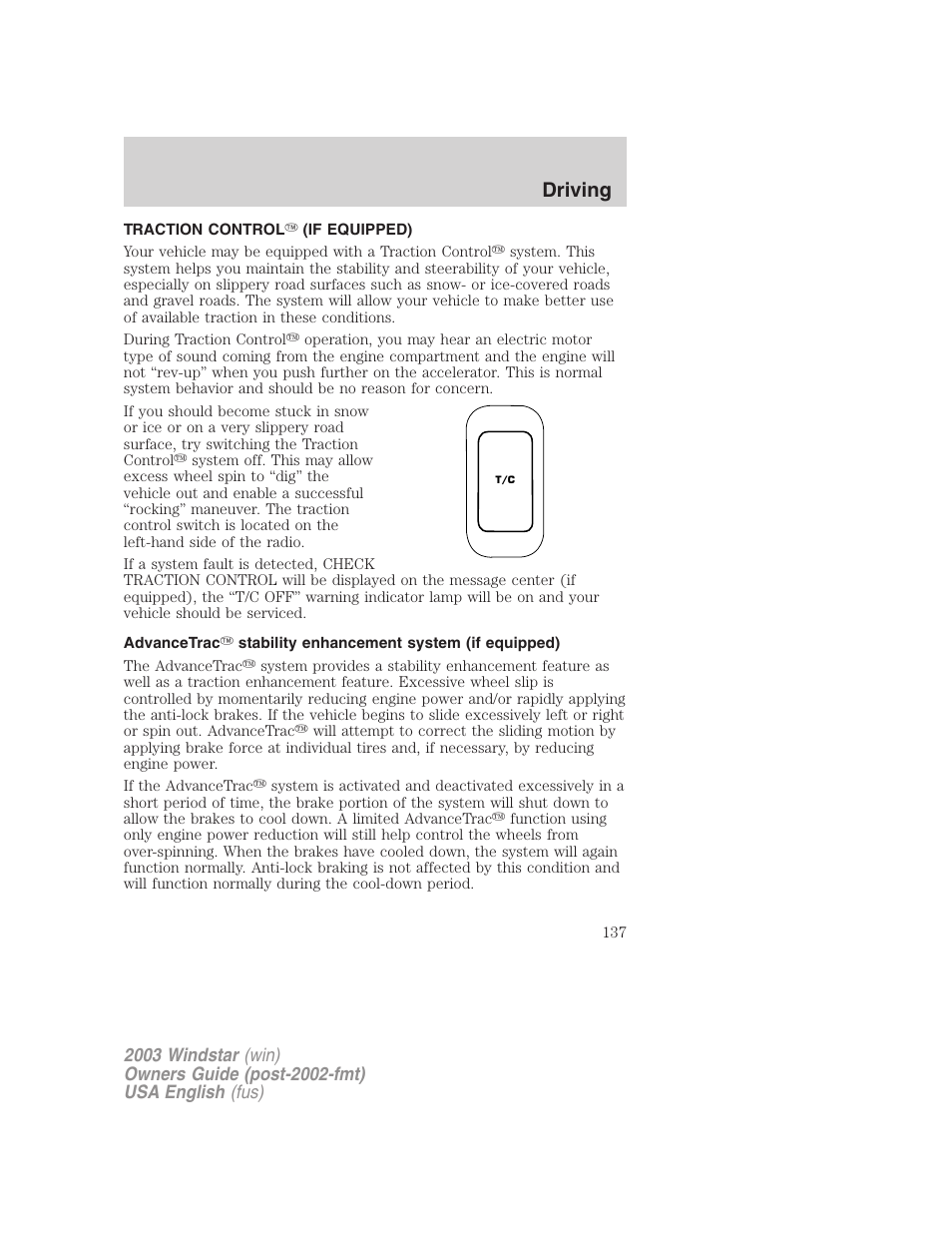 Driving | FORD 2003 Windstar v.3 User Manual | Page 137 / 240
