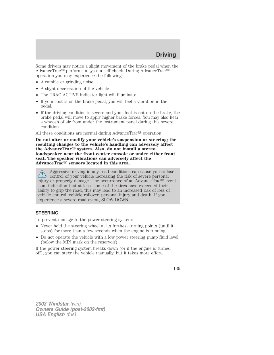 Driving | FORD 2003 Windstar v.3 User Manual | Page 139 / 240