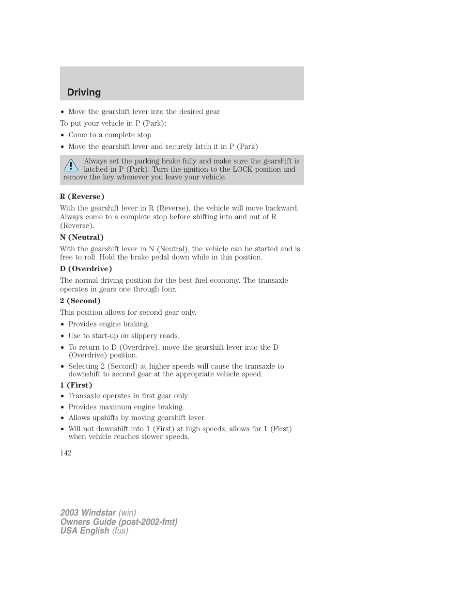 Driving | FORD 2003 Windstar v.3 User Manual | Page 142 / 240