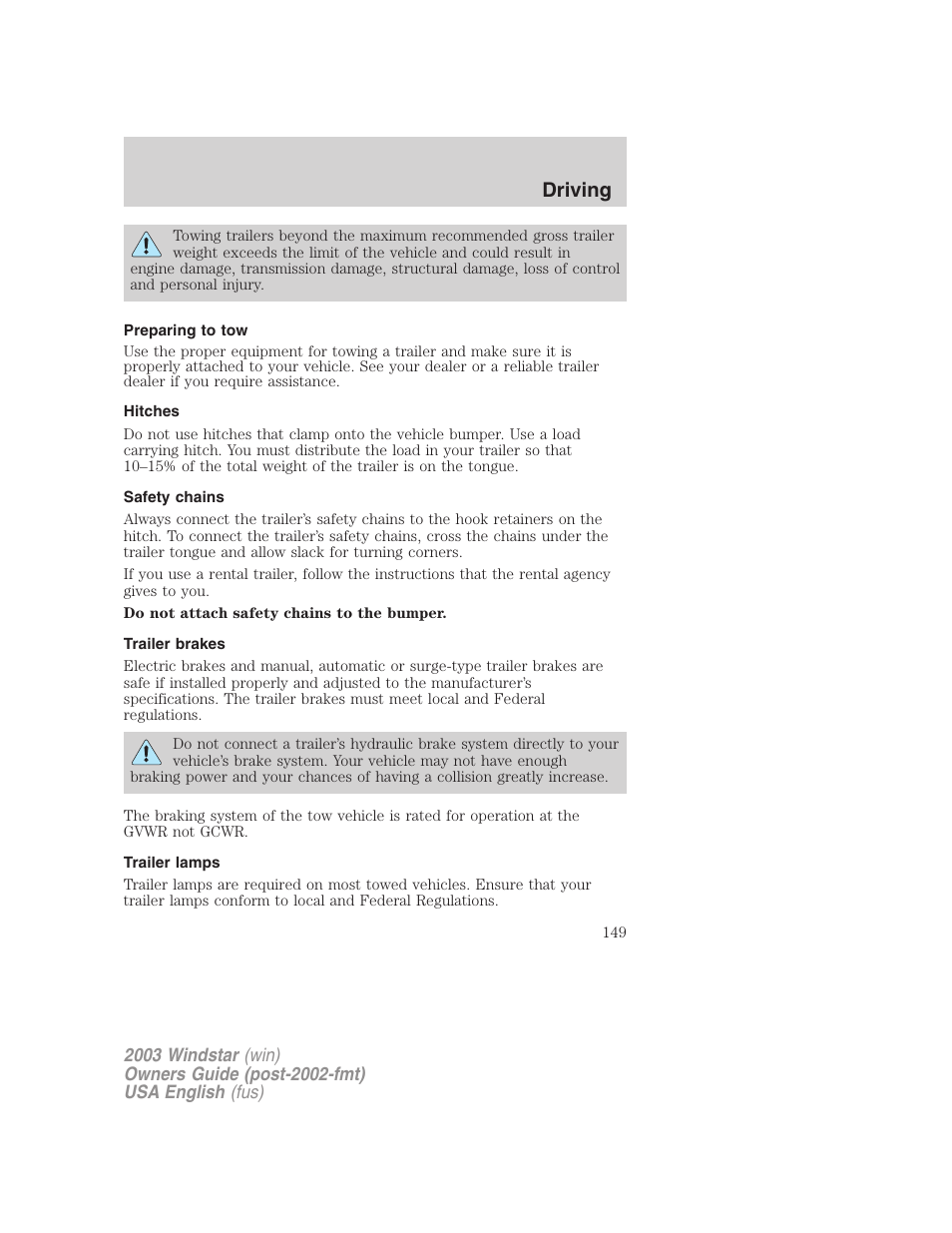 Driving | FORD 2003 Windstar v.3 User Manual | Page 149 / 240