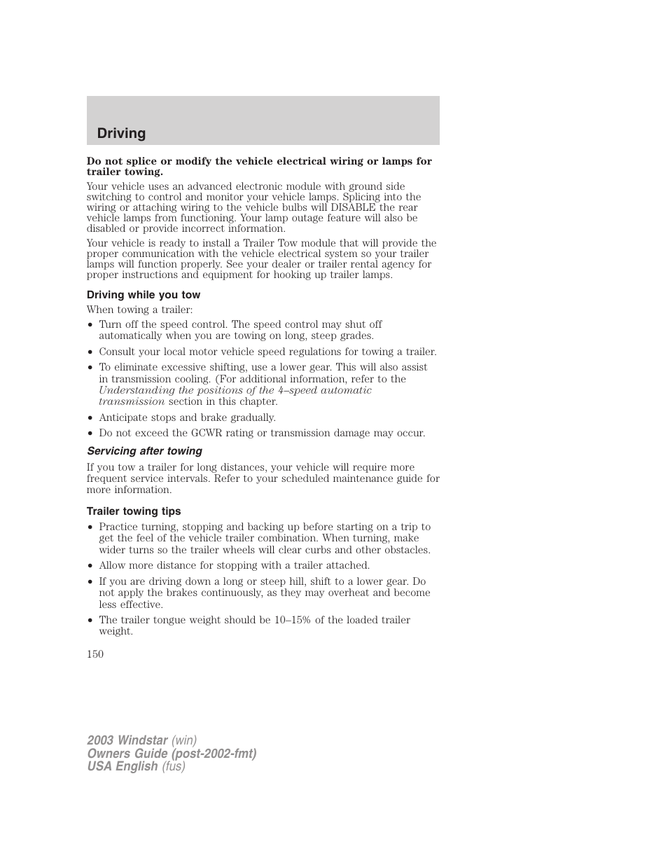 Driving | FORD 2003 Windstar v.3 User Manual | Page 150 / 240