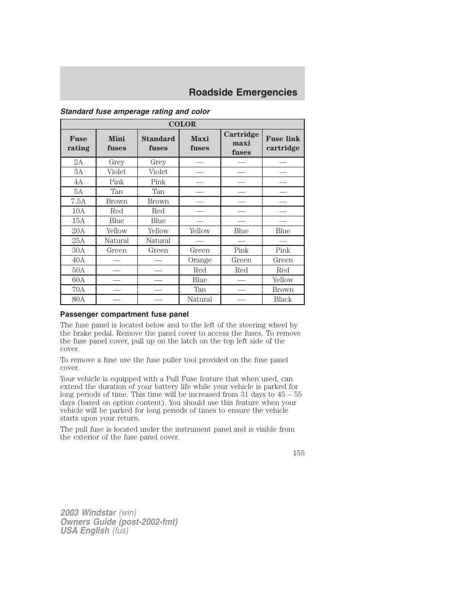 Roadside emergencies | FORD 2003 Windstar v.3 User Manual | Page 155 / 240