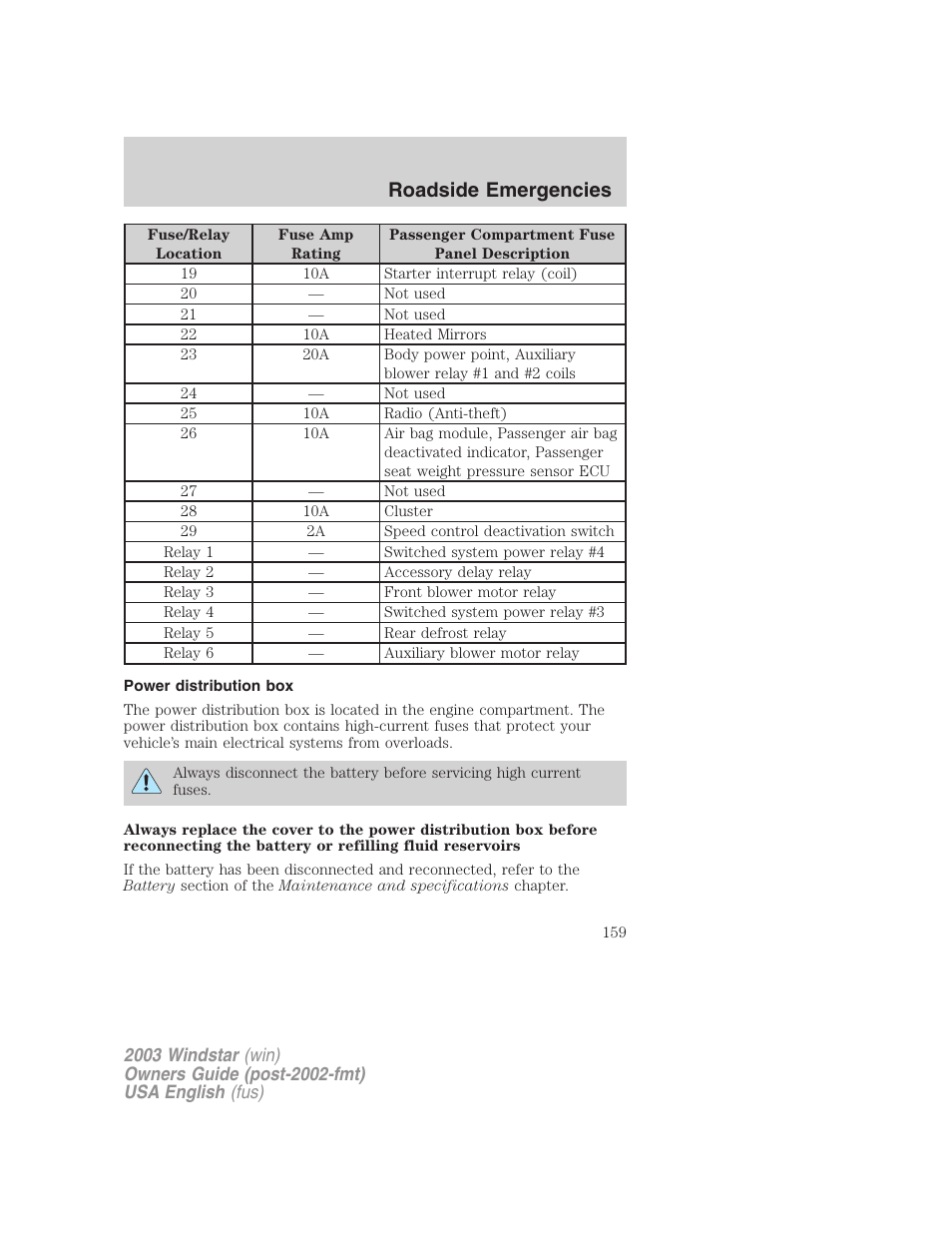 Roadside emergencies | FORD 2003 Windstar v.3 User Manual | Page 159 / 240