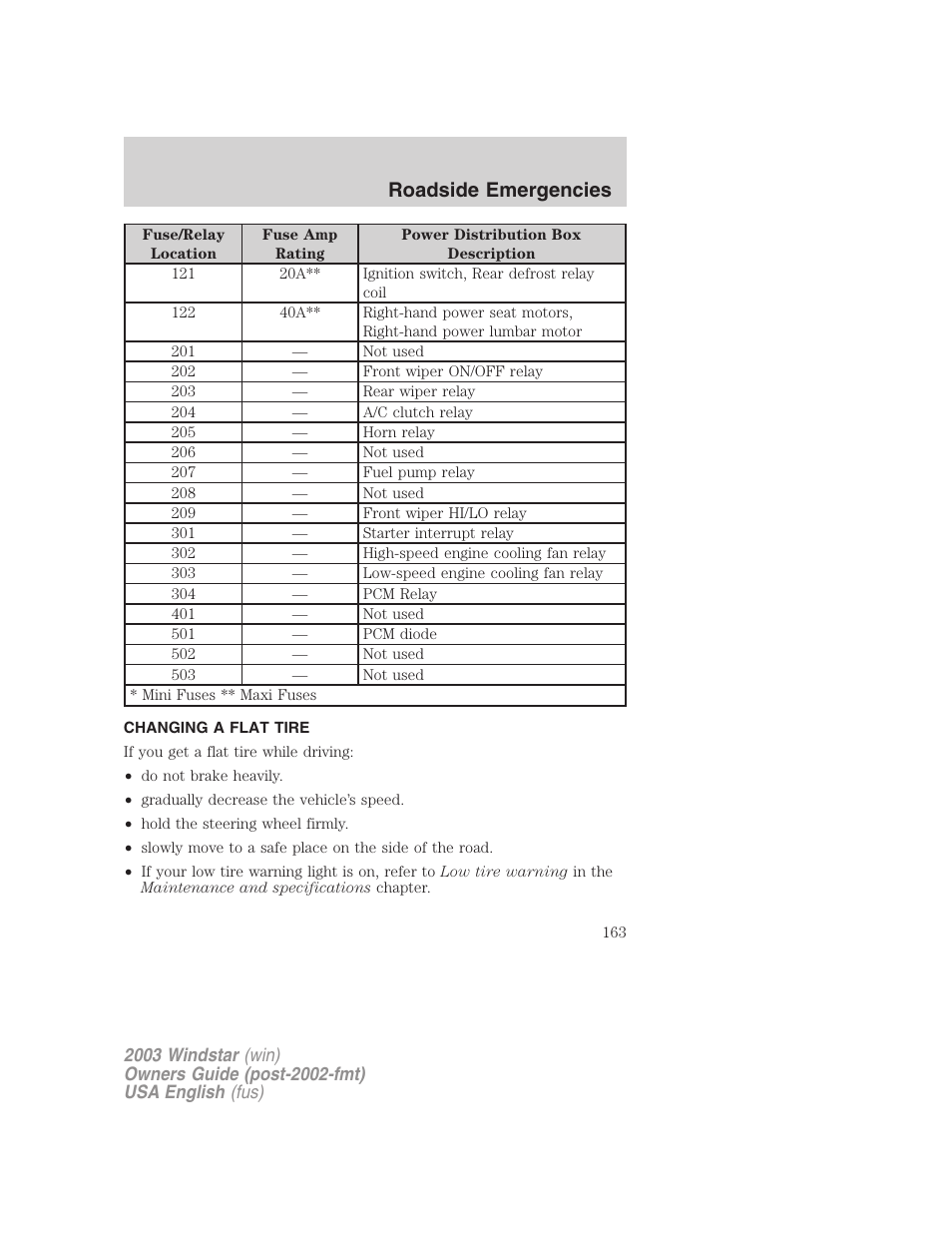 Roadside emergencies | FORD 2003 Windstar v.3 User Manual | Page 163 / 240