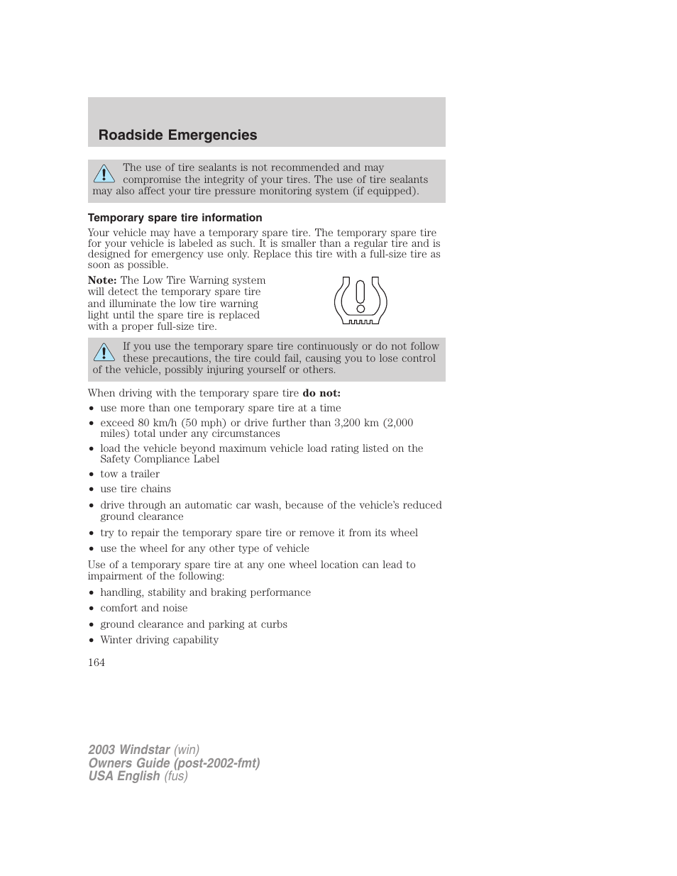 Roadside emergencies | FORD 2003 Windstar v.3 User Manual | Page 164 / 240