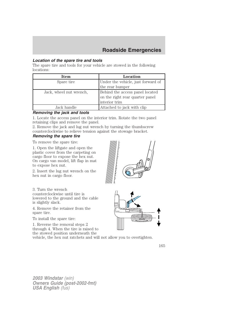 Roadside emergencies | FORD 2003 Windstar v.3 User Manual | Page 165 / 240