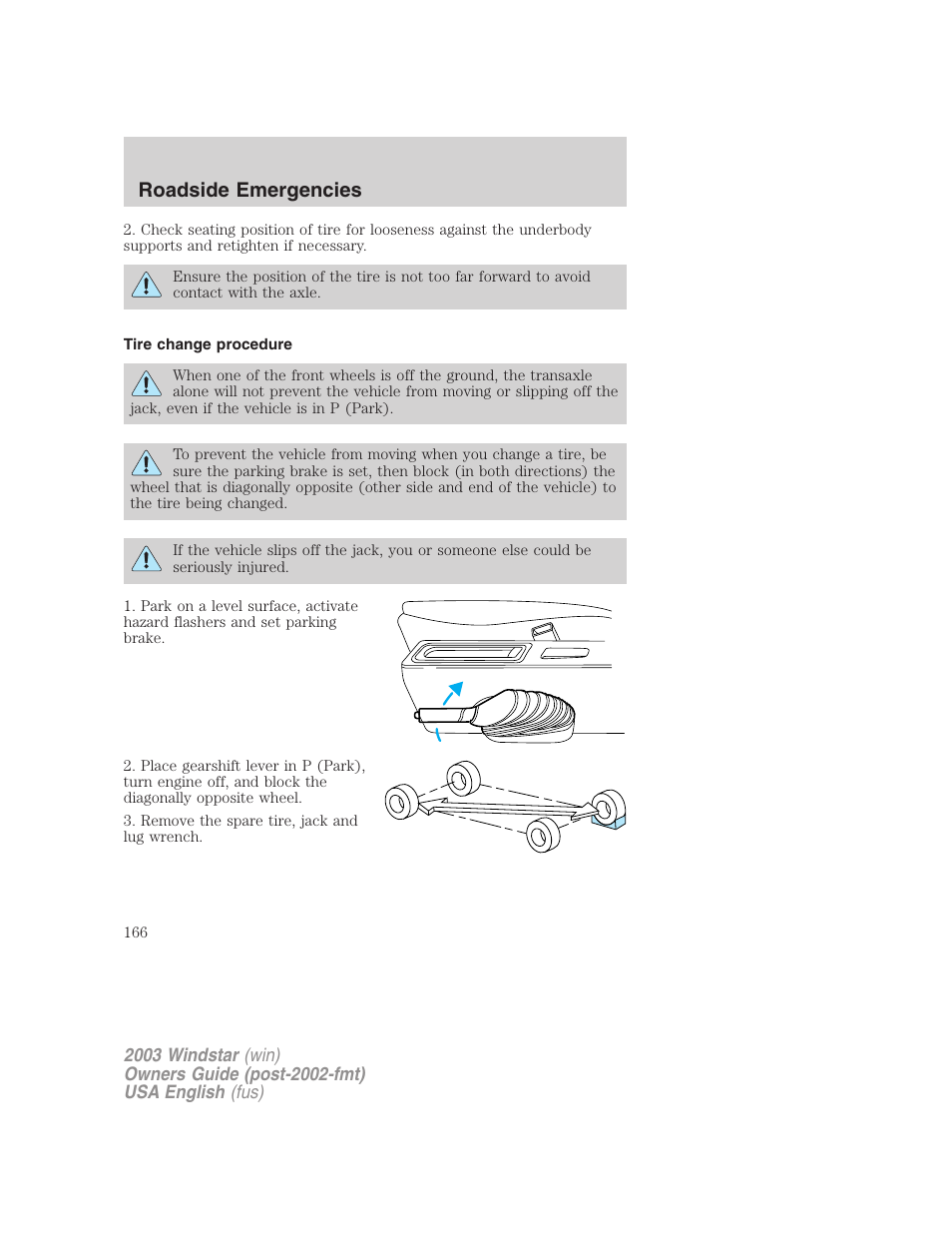 Roadside emergencies | FORD 2003 Windstar v.3 User Manual | Page 166 / 240