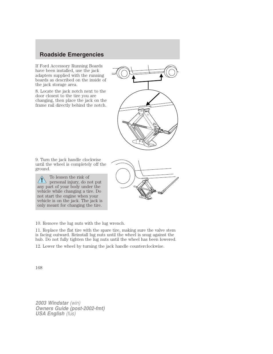 Roadside emergencies | FORD 2003 Windstar v.3 User Manual | Page 168 / 240