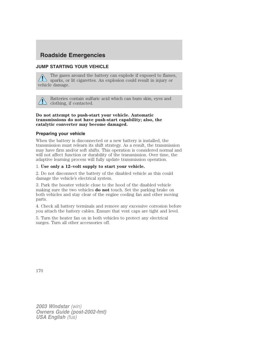 Roadside emergencies | FORD 2003 Windstar v.3 User Manual | Page 170 / 240
