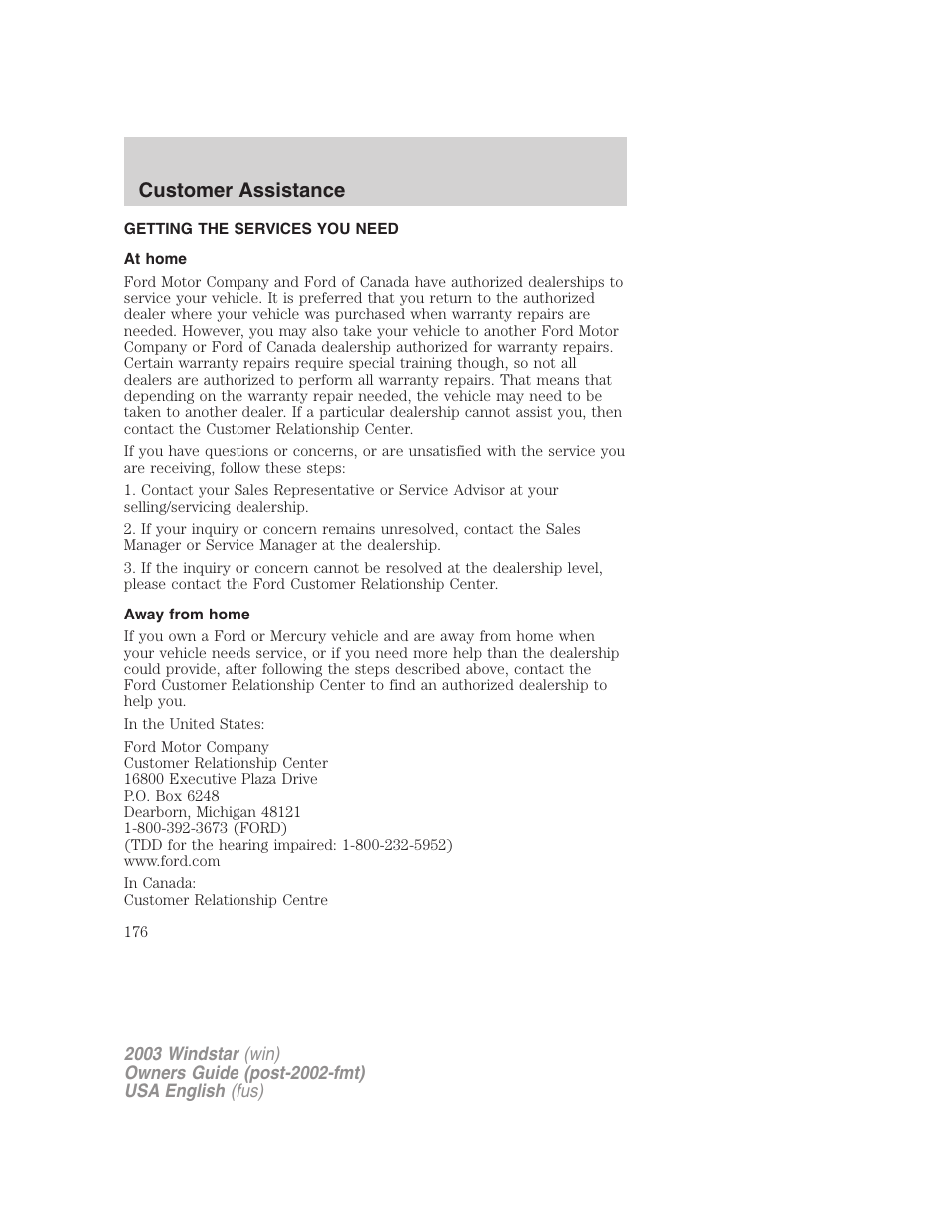 Customer assistance | FORD 2003 Windstar v.3 User Manual | Page 176 / 240