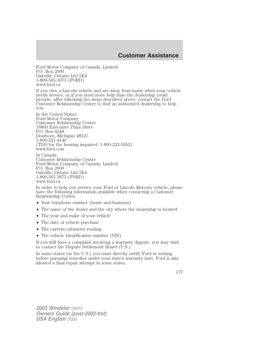 Customer assistance | FORD 2003 Windstar v.3 User Manual | Page 177 / 240