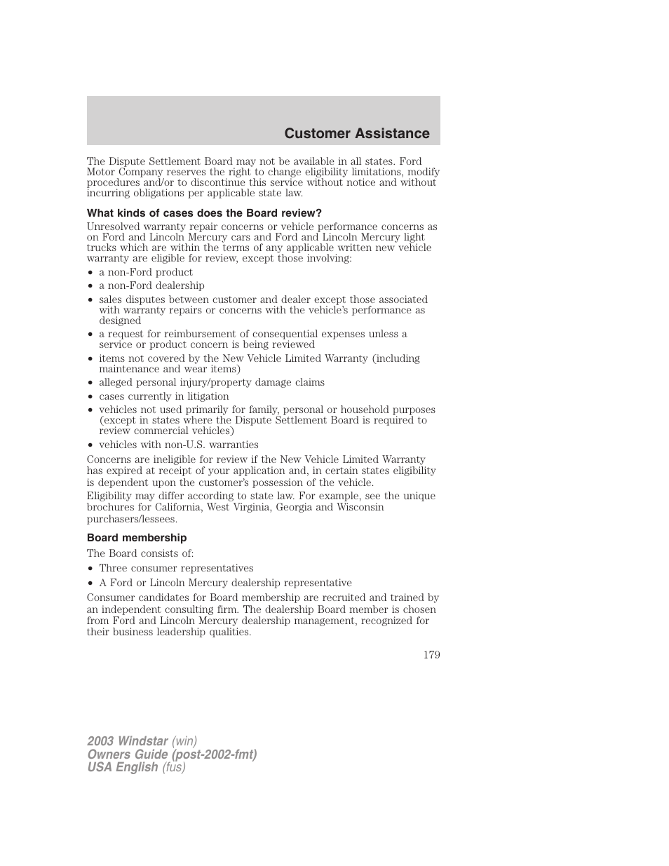 Customer assistance | FORD 2003 Windstar v.3 User Manual | Page 179 / 240