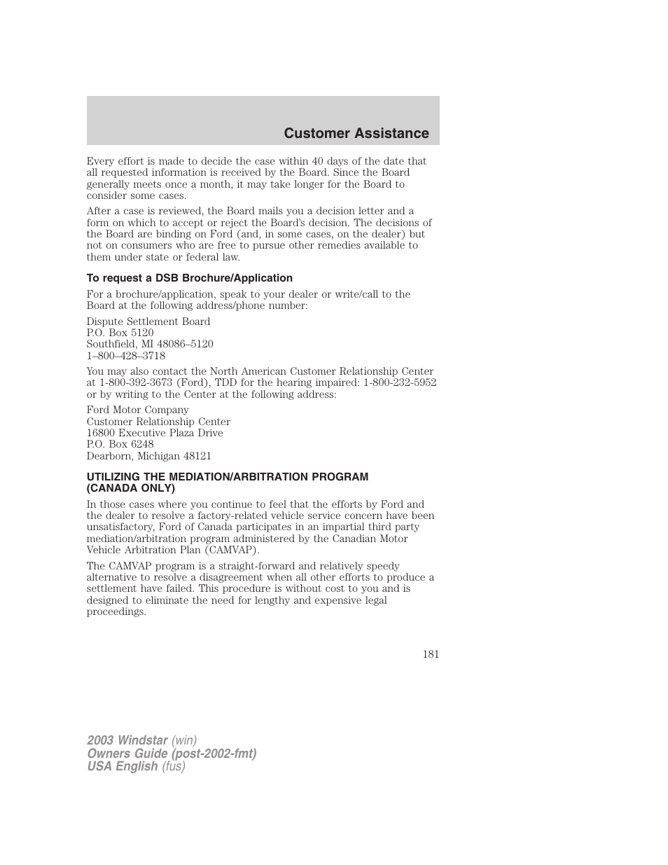 Customer assistance | FORD 2003 Windstar v.3 User Manual | Page 181 / 240