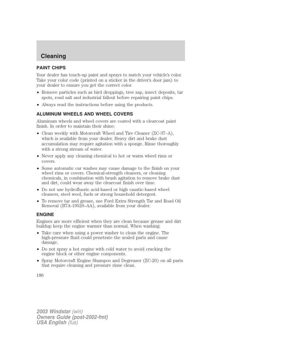 Cleaning | FORD 2003 Windstar v.3 User Manual | Page 186 / 240