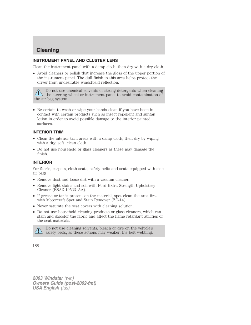 Cleaning | FORD 2003 Windstar v.3 User Manual | Page 188 / 240