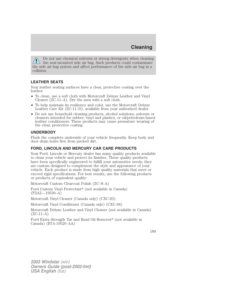 Cleaning | FORD 2003 Windstar v.3 User Manual | Page 189 / 240