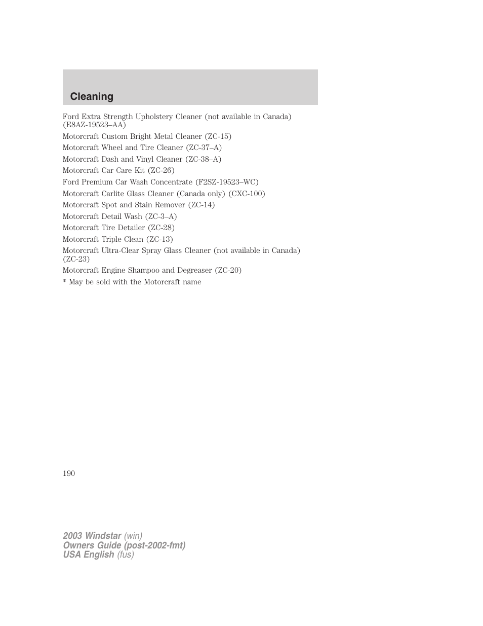 Cleaning | FORD 2003 Windstar v.3 User Manual | Page 190 / 240