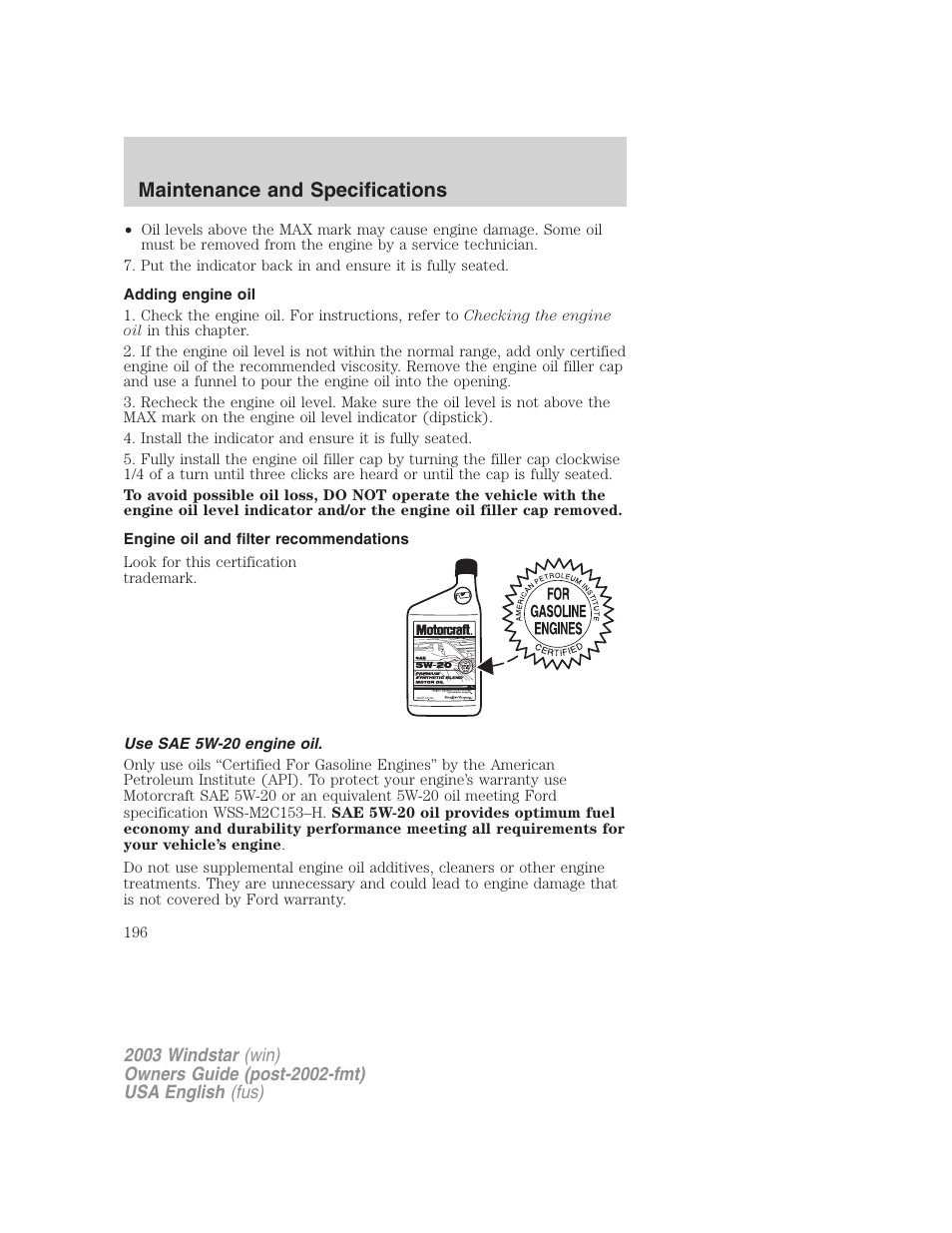 Maintenance and specifications | FORD 2003 Windstar v.3 User Manual | Page 196 / 240