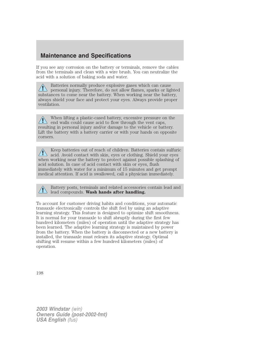 Maintenance and specifications | FORD 2003 Windstar v.3 User Manual | Page 198 / 240
