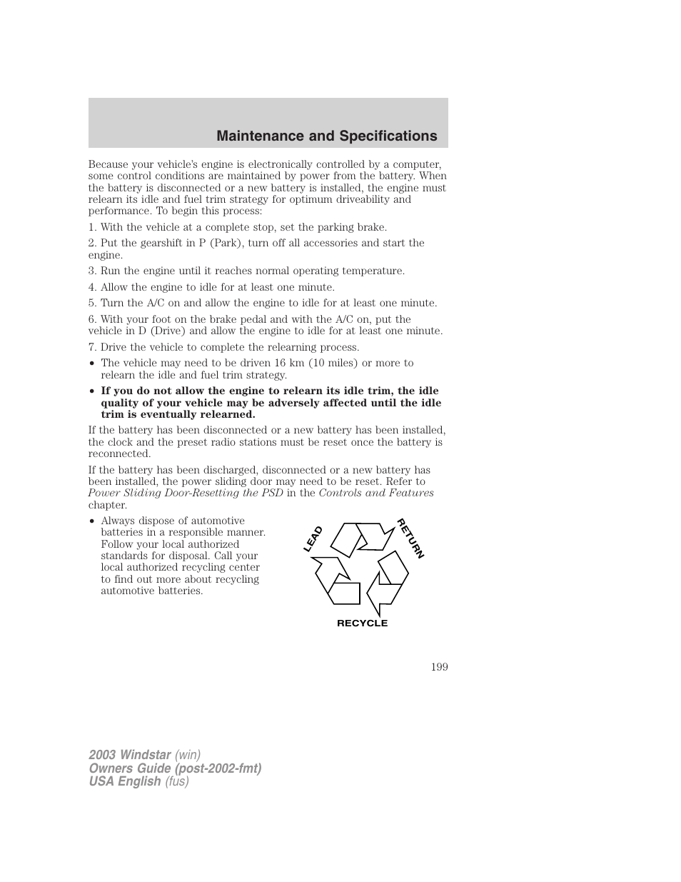 Maintenance and specifications | FORD 2003 Windstar v.3 User Manual | Page 199 / 240