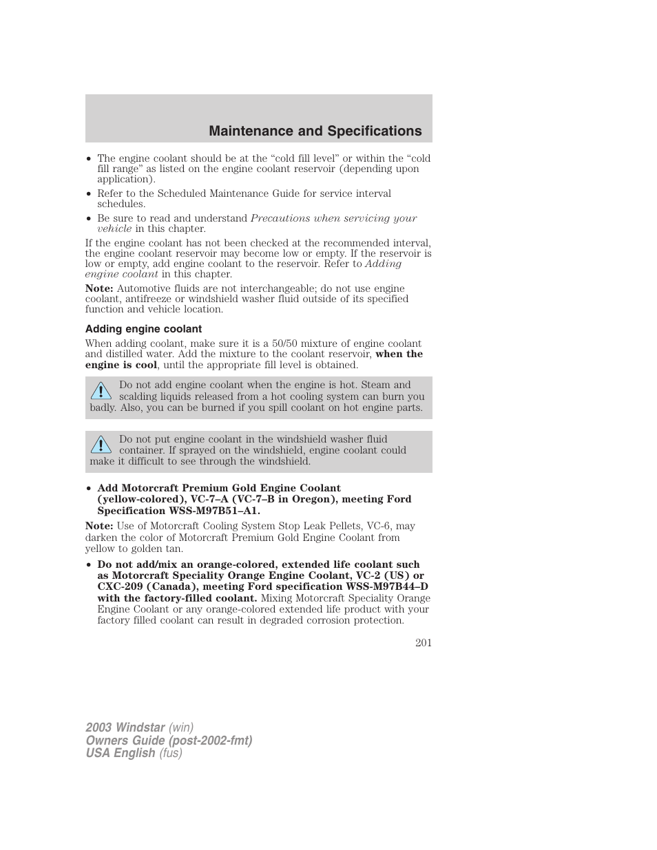 Maintenance and specifications | FORD 2003 Windstar v.3 User Manual | Page 201 / 240
