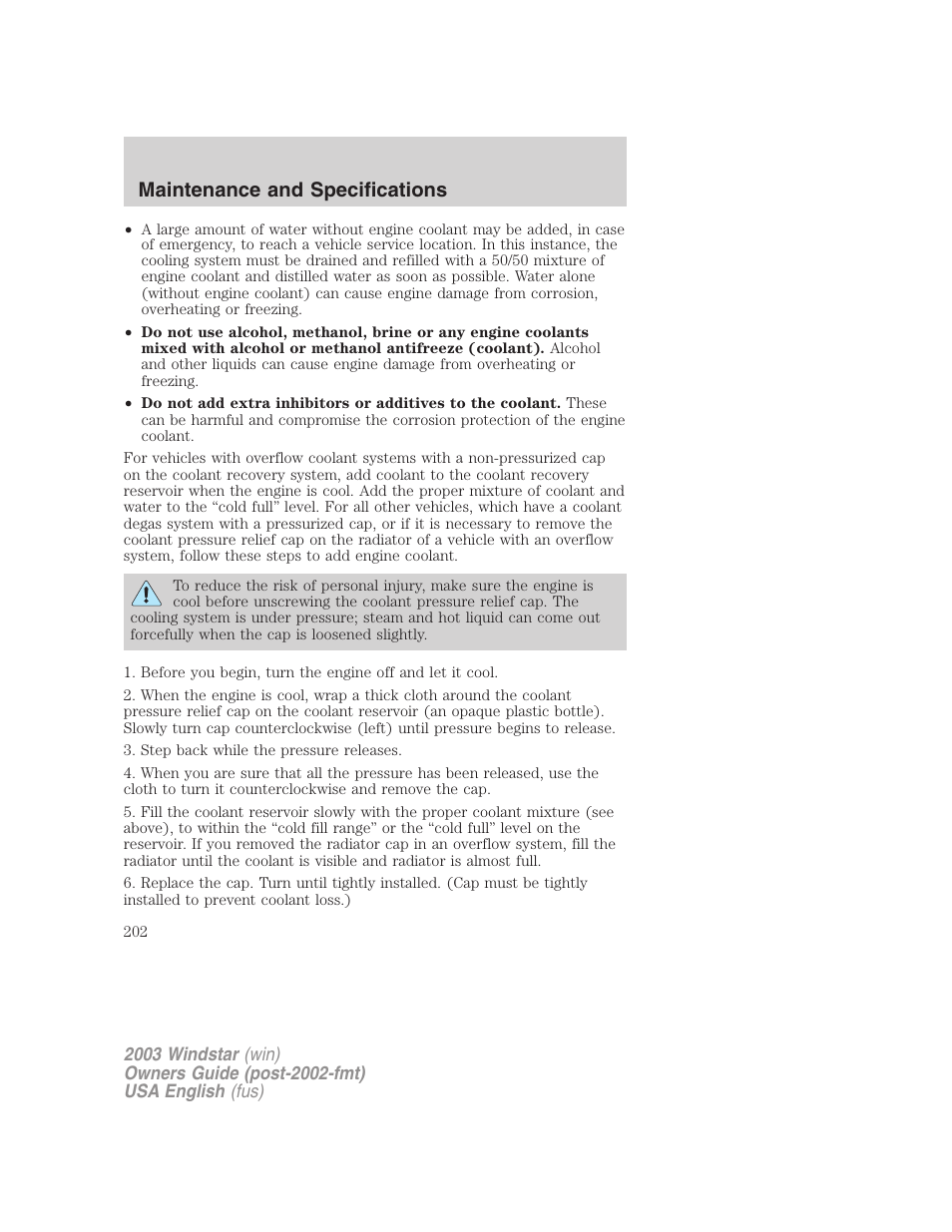 Maintenance and specifications | FORD 2003 Windstar v.3 User Manual | Page 202 / 240