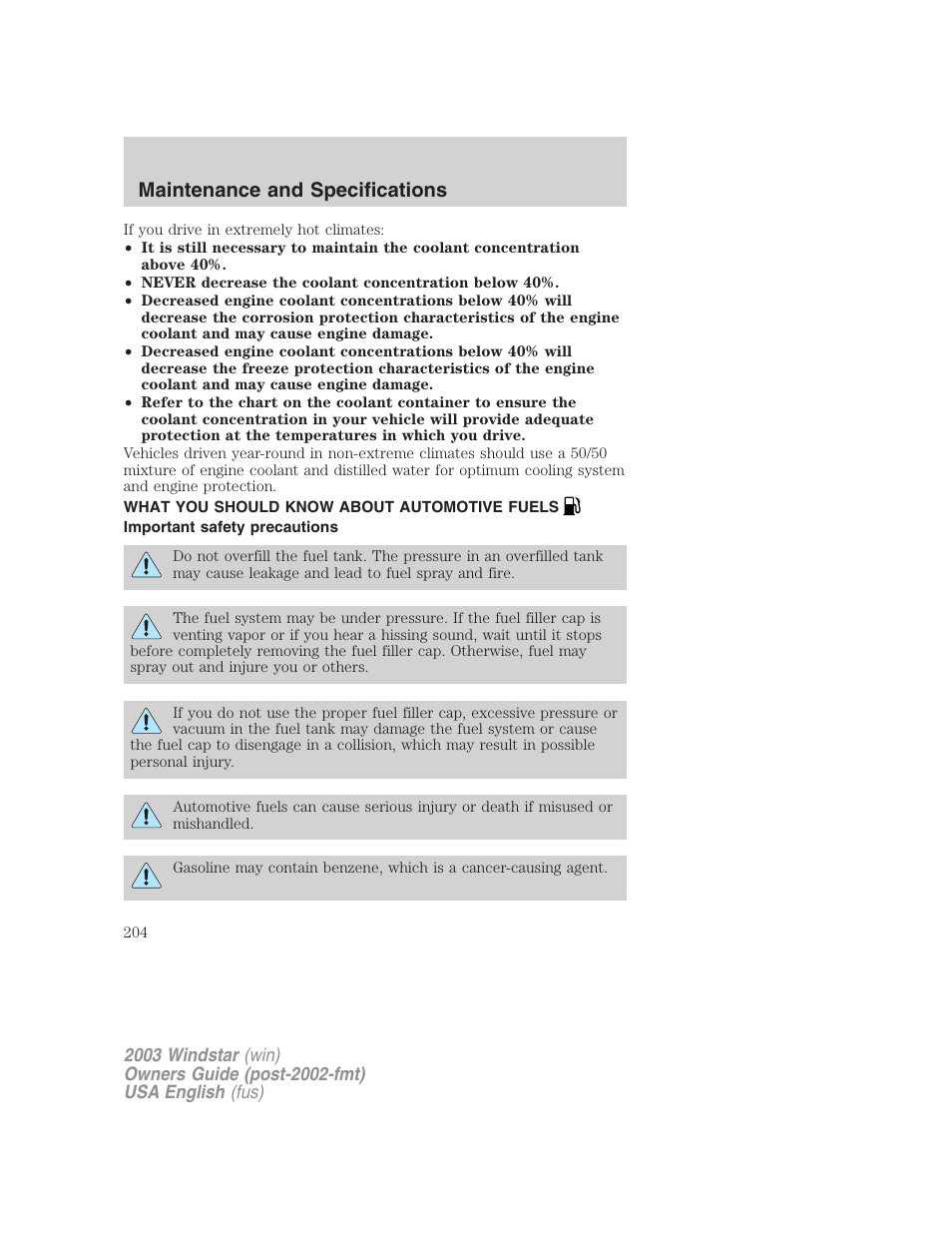 Maintenance and specifications | FORD 2003 Windstar v.3 User Manual | Page 204 / 240