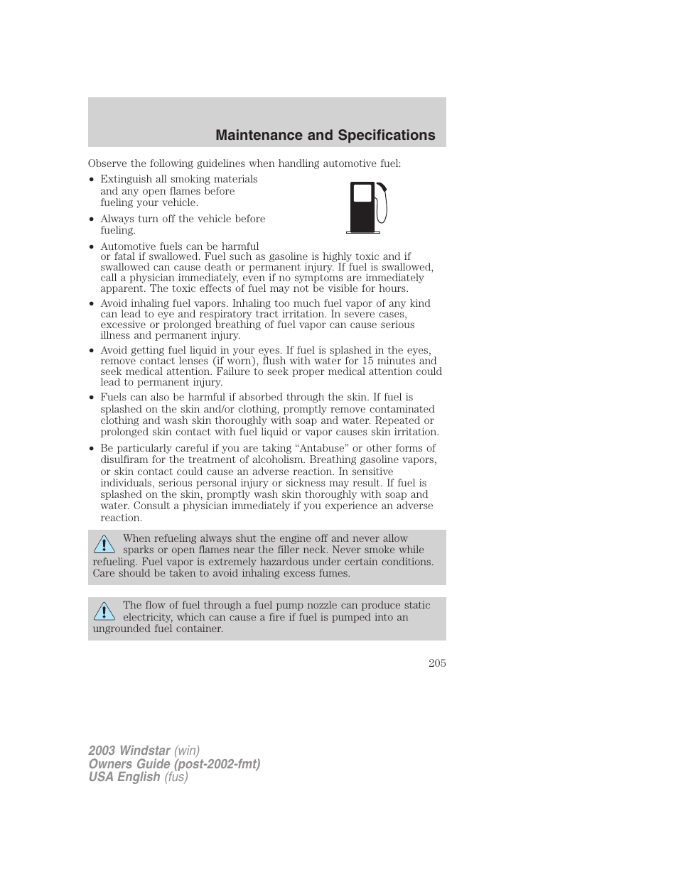 Maintenance and specifications | FORD 2003 Windstar v.3 User Manual | Page 205 / 240