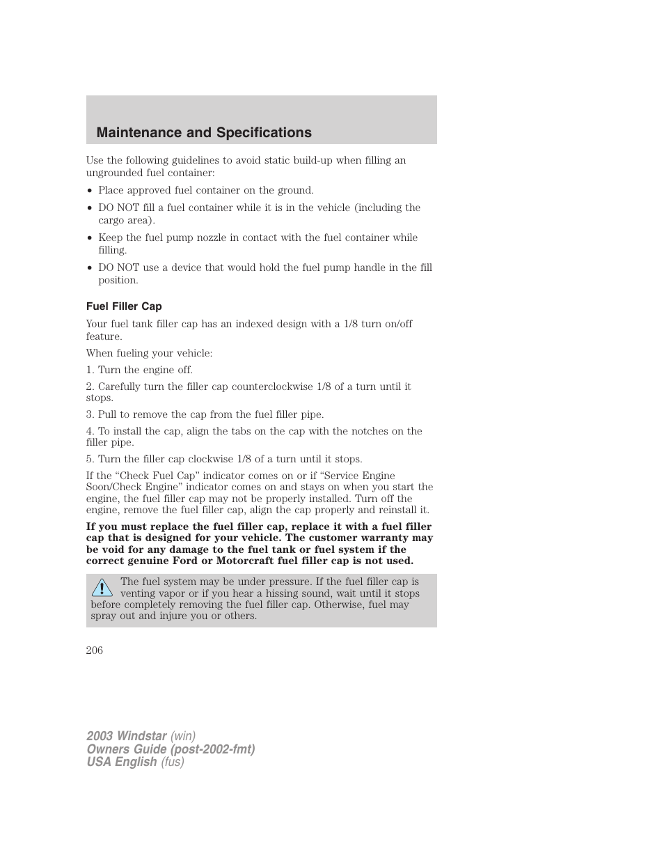 Maintenance and specifications | FORD 2003 Windstar v.3 User Manual | Page 206 / 240