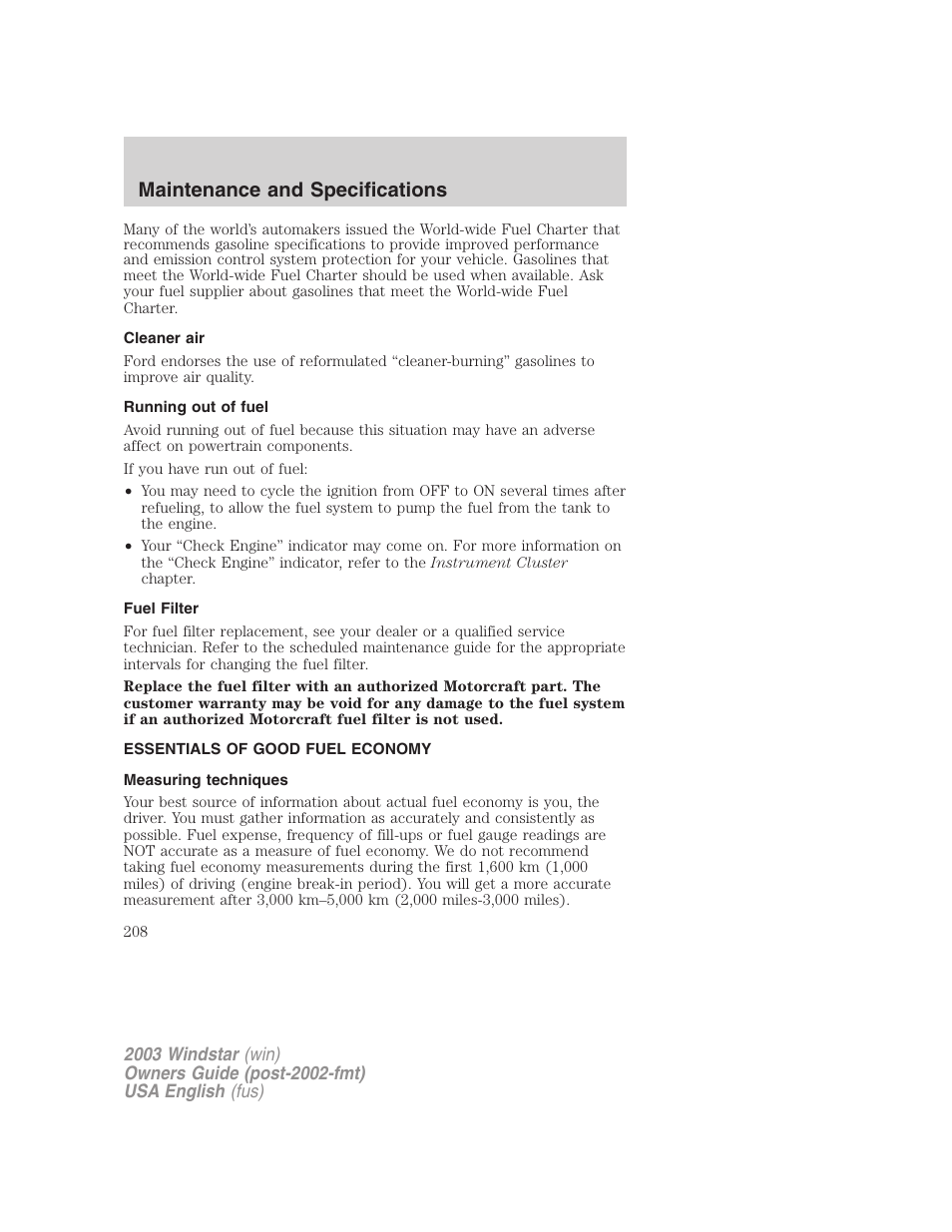 Maintenance and specifications | FORD 2003 Windstar v.3 User Manual | Page 208 / 240
